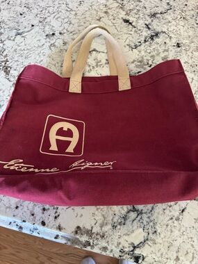 Etienne Aigner Burgundy Canvas Tote with Cream Handles